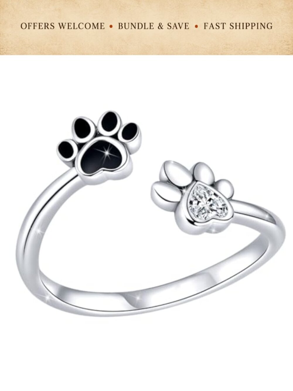 Sterling Silver Plated Paw Print Open Ring Adjustable Dainty Pet Memorial Gift